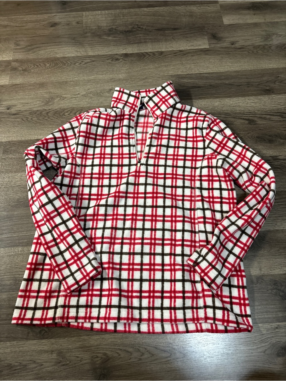 Lands' End Red, White & Black Plaid Quarter-Zip Fleece Pullover